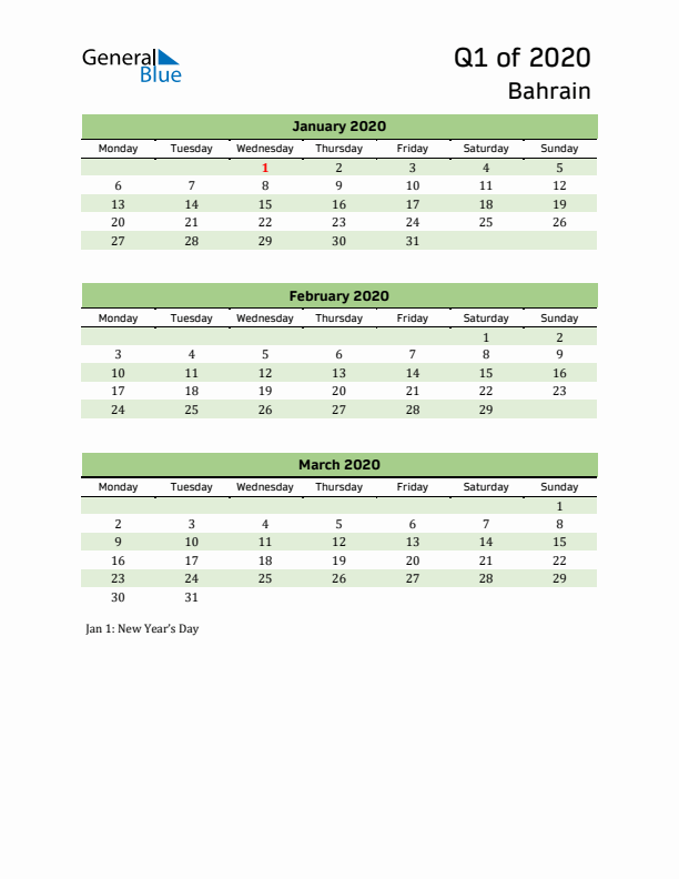 Quarterly Calendar 2020 with Bahrain Holidays