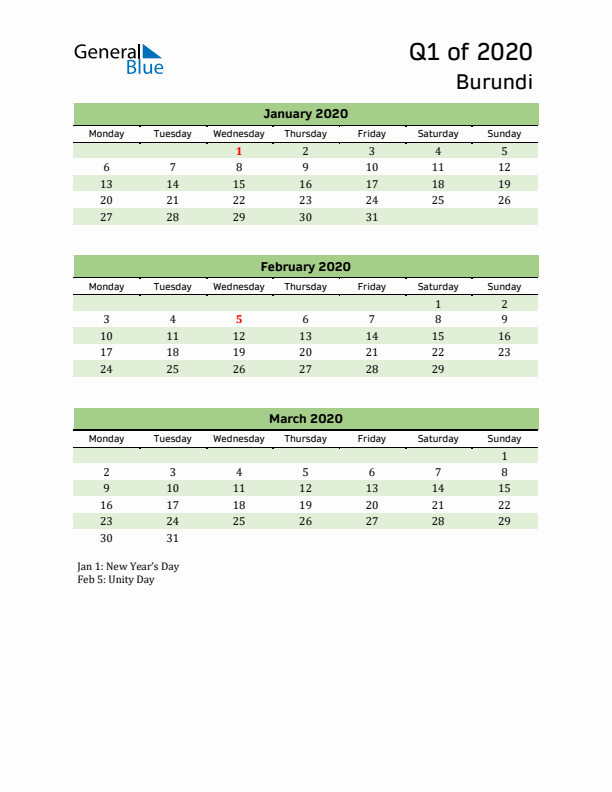 Quarterly Calendar 2020 with Burundi Holidays