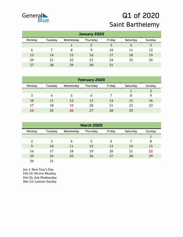 Quarterly Calendar 2020 with Saint Barthelemy Holidays