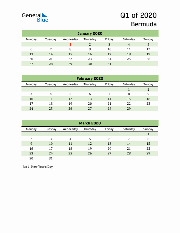 Quarterly Calendar 2020 with Bermuda Holidays