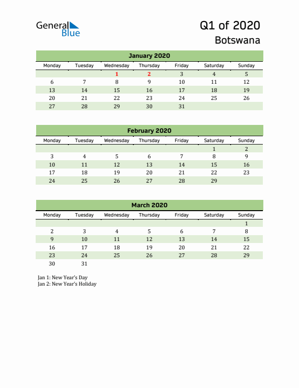 Quarterly Calendar 2020 with Botswana Holidays