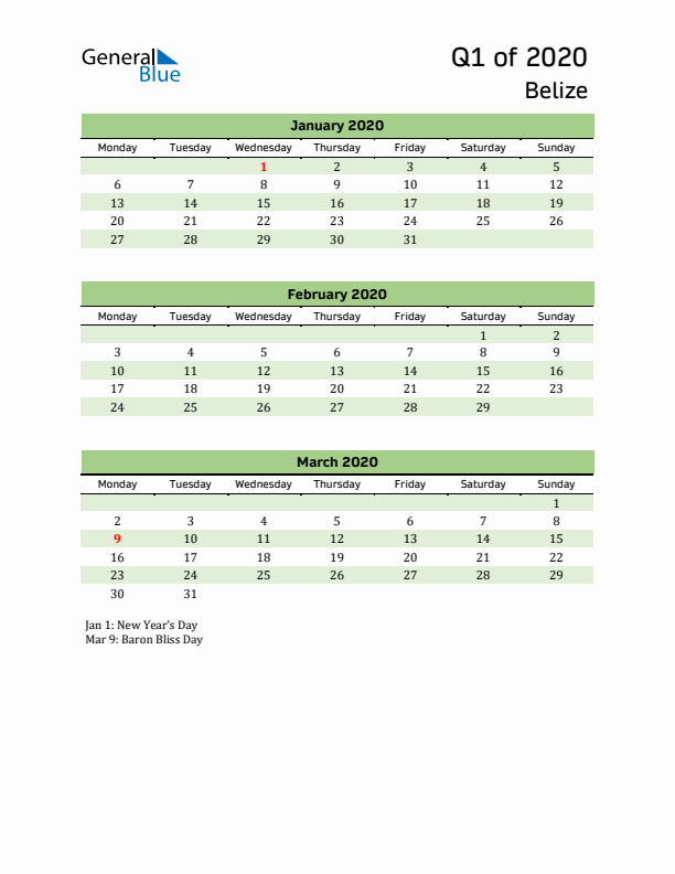 Quarterly Calendar 2020 with Belize Holidays