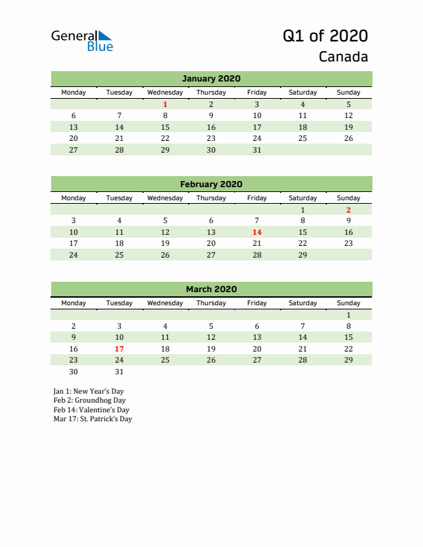 Quarterly Calendar 2020 with Canada Holidays