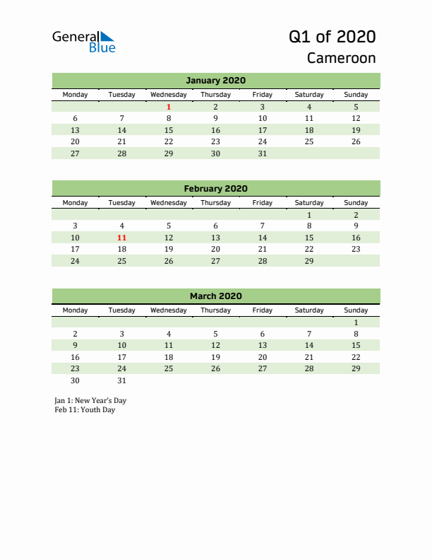 Quarterly Calendar 2020 with Cameroon Holidays