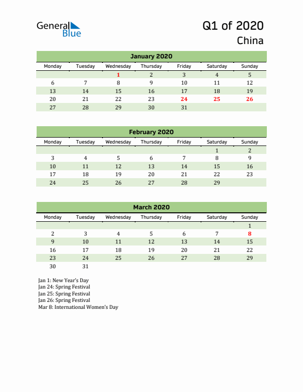 Quarterly Calendar 2020 with China Holidays