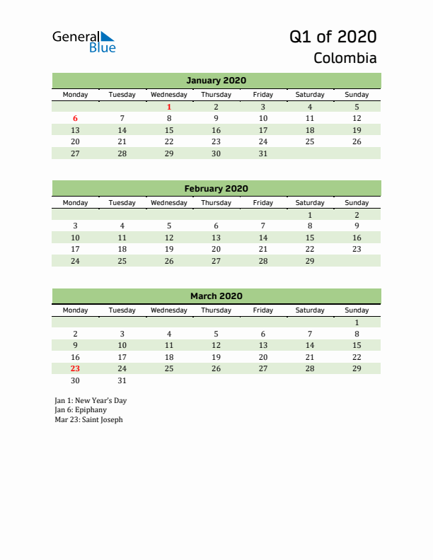 Quarterly Calendar 2020 with Colombia Holidays