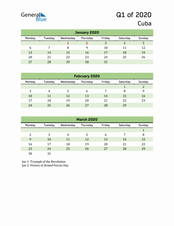 Quarterly Calendar 2020 with Cuba Holidays