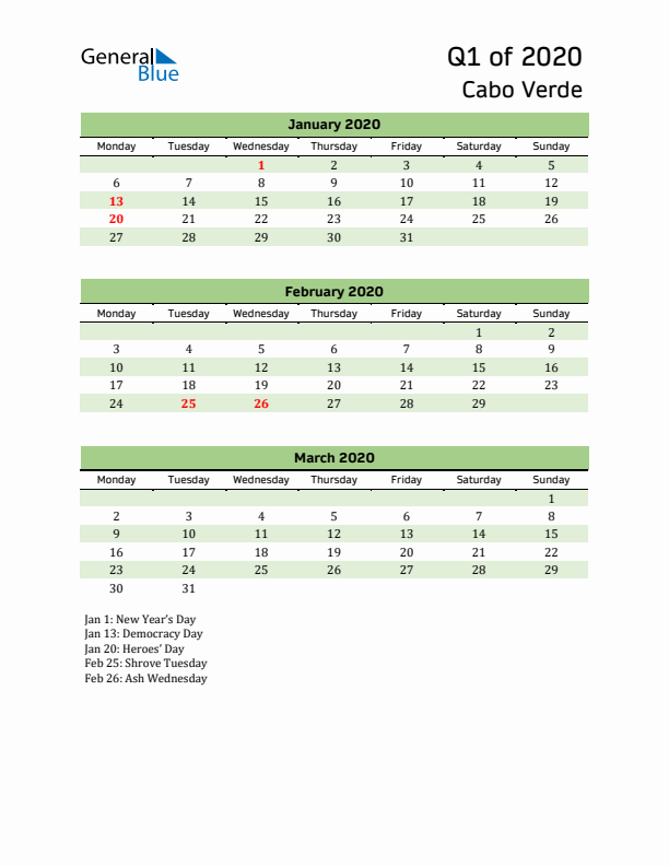 Quarterly Calendar 2020 with Cabo Verde Holidays