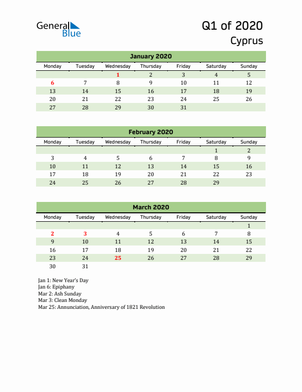 Quarterly Calendar 2020 with Cyprus Holidays