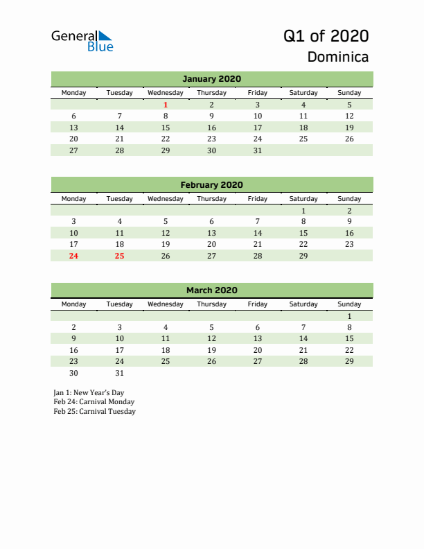 Quarterly Calendar 2020 with Dominica Holidays