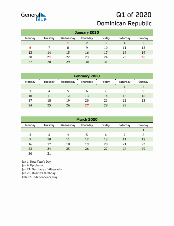 Quarterly Calendar 2020 with Dominican Republic Holidays