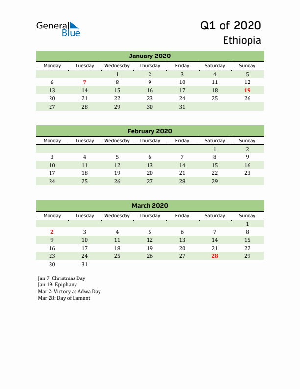 Quarterly Calendar 2020 with Ethiopia Holidays