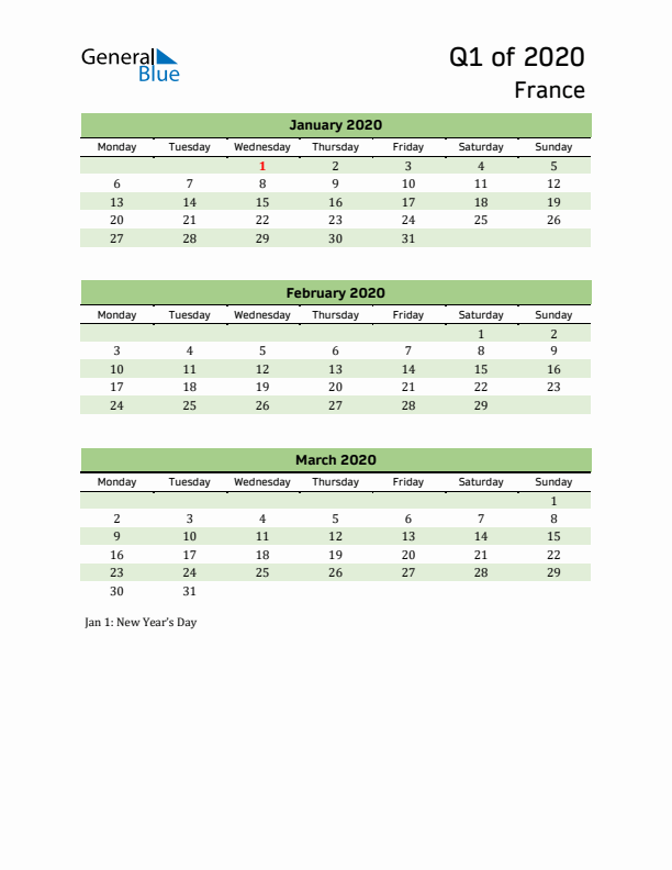 Quarterly Calendar 2020 with France Holidays