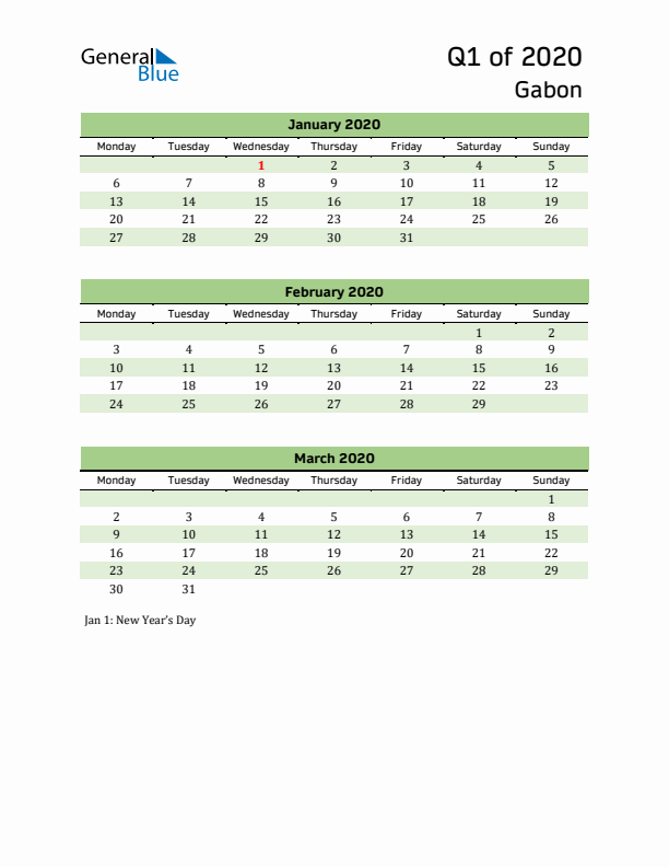 Quarterly Calendar 2020 with Gabon Holidays