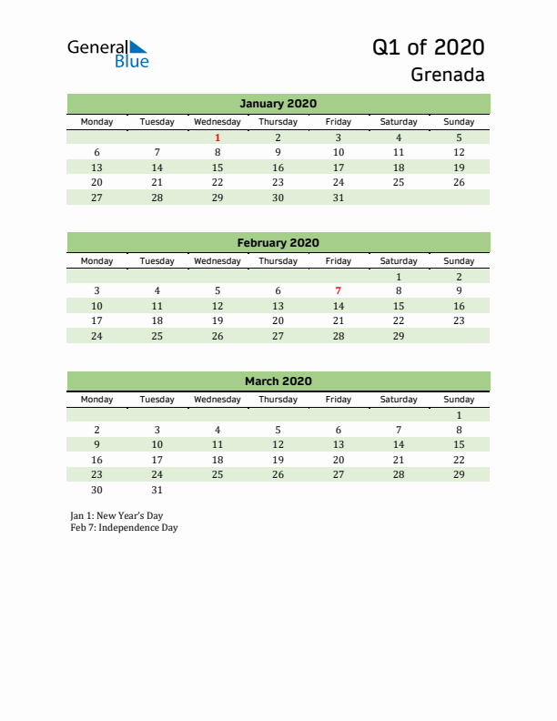 Quarterly Calendar 2020 with Grenada Holidays