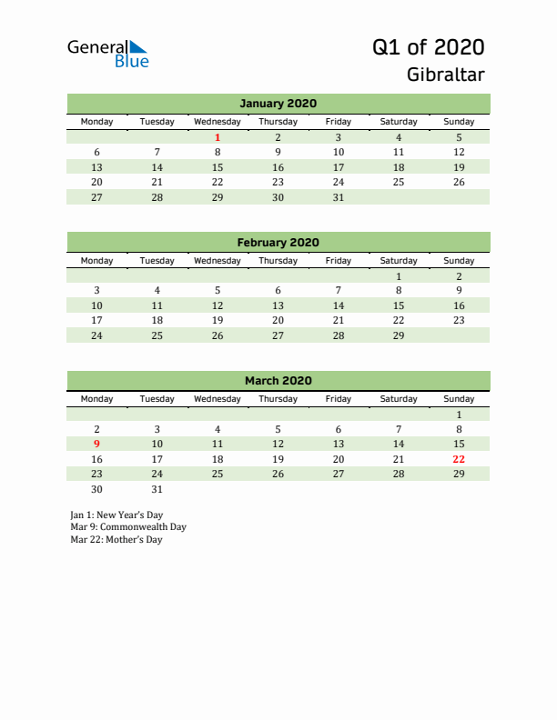 Quarterly Calendar 2020 with Gibraltar Holidays