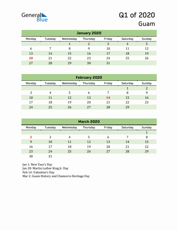 Quarterly Calendar 2020 with Guam Holidays