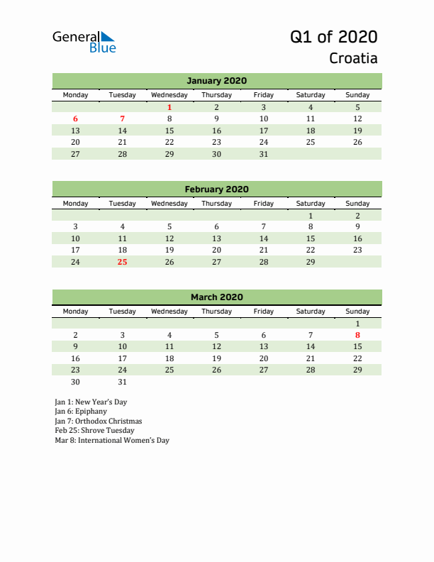 Quarterly Calendar 2020 with Croatia Holidays