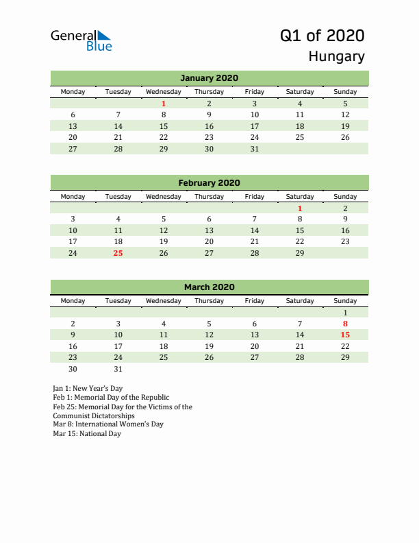 Quarterly Calendar 2020 with Hungary Holidays