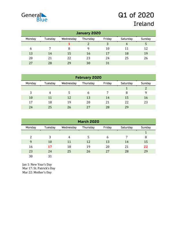 Quarterly Calendar 2020 with Ireland Holidays