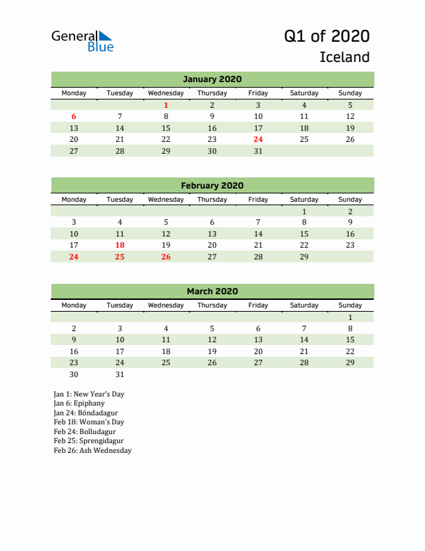 Quarterly Calendar 2020 with Iceland Holidays