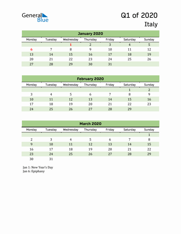 Quarterly Calendar 2020 with Italy Holidays