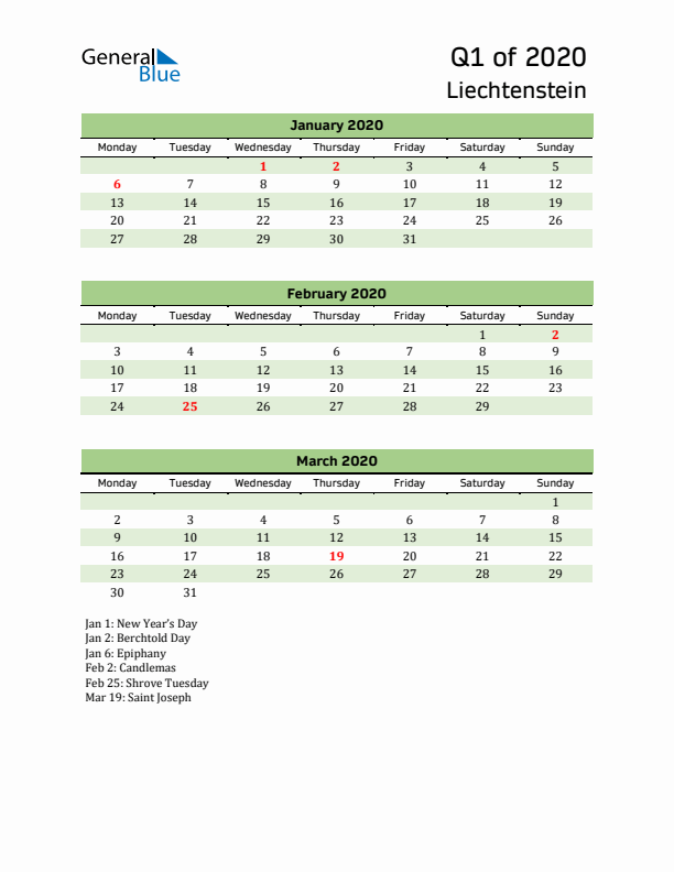 Quarterly Calendar 2020 with Liechtenstein Holidays