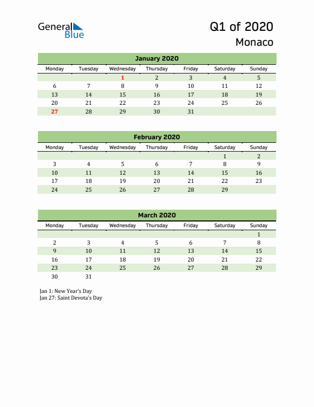 Quarterly Calendar 2020 with Monaco Holidays