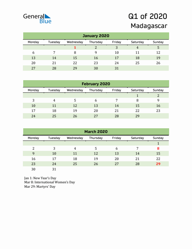 Quarterly Calendar 2020 with Madagascar Holidays