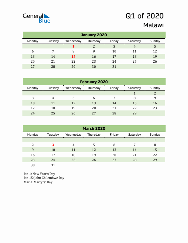 Quarterly Calendar 2020 with Malawi Holidays