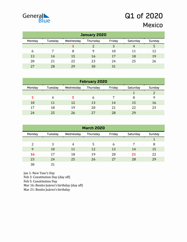 Quarterly Calendar 2020 with Mexico Holidays