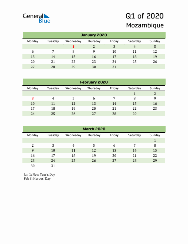 Quarterly Calendar 2020 with Mozambique Holidays