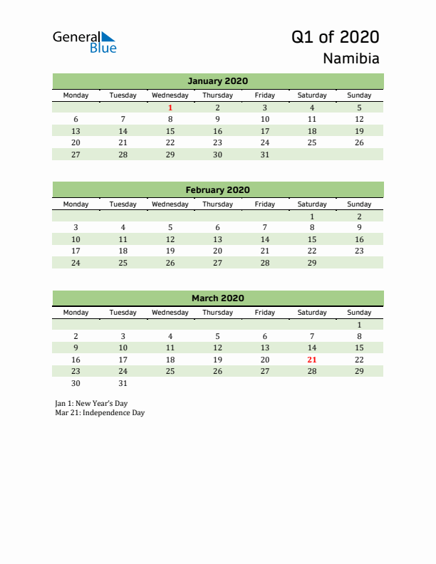 Quarterly Calendar 2020 with Namibia Holidays