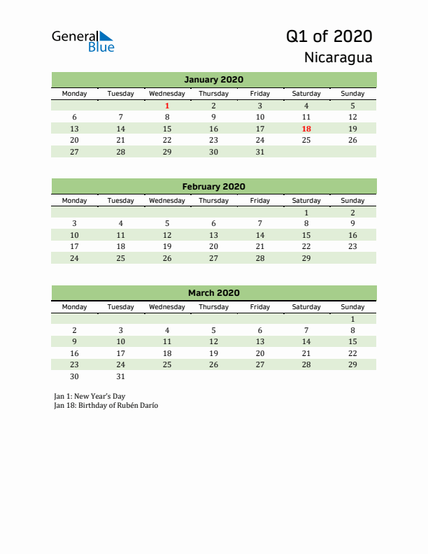 Quarterly Calendar 2020 with Nicaragua Holidays