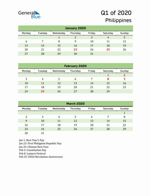 Quarterly Calendar 2020 with Philippines Holidays