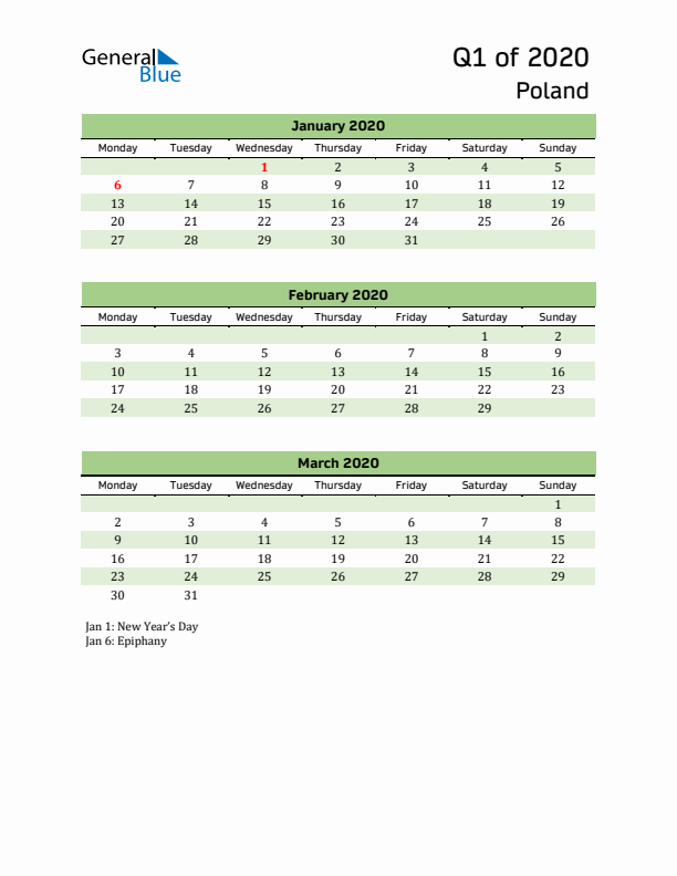 Quarterly Calendar 2020 with Poland Holidays