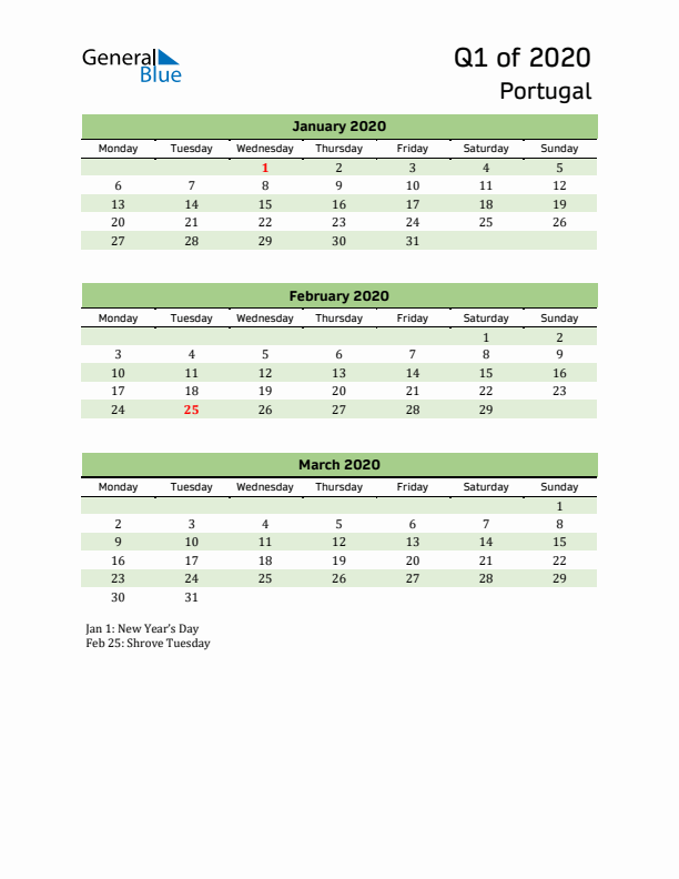 Quarterly Calendar 2020 with Portugal Holidays