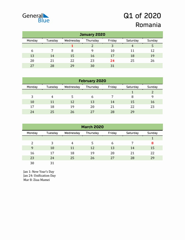 Quarterly Calendar 2020 with Romania Holidays