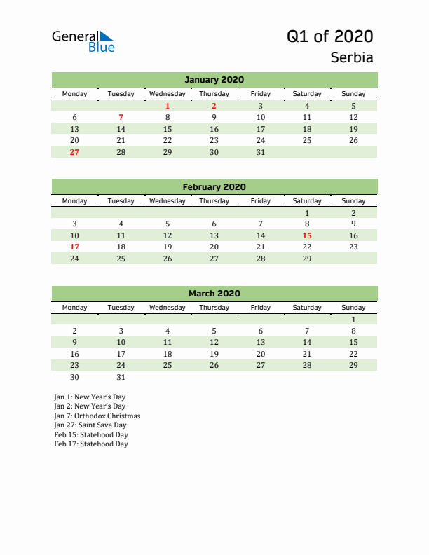 Quarterly Calendar 2020 with Serbia Holidays