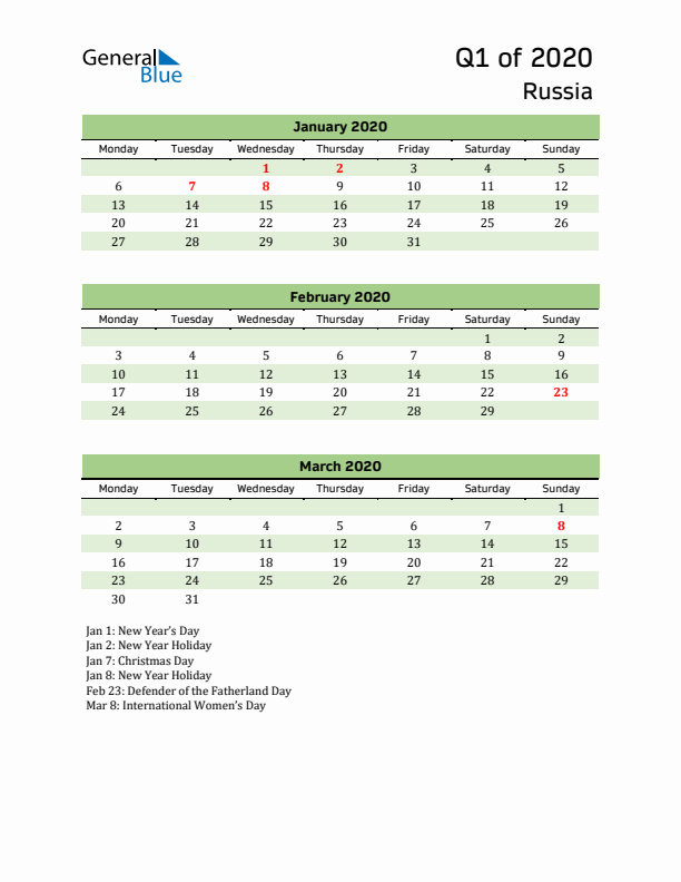 Quarterly Calendar 2020 with Russia Holidays