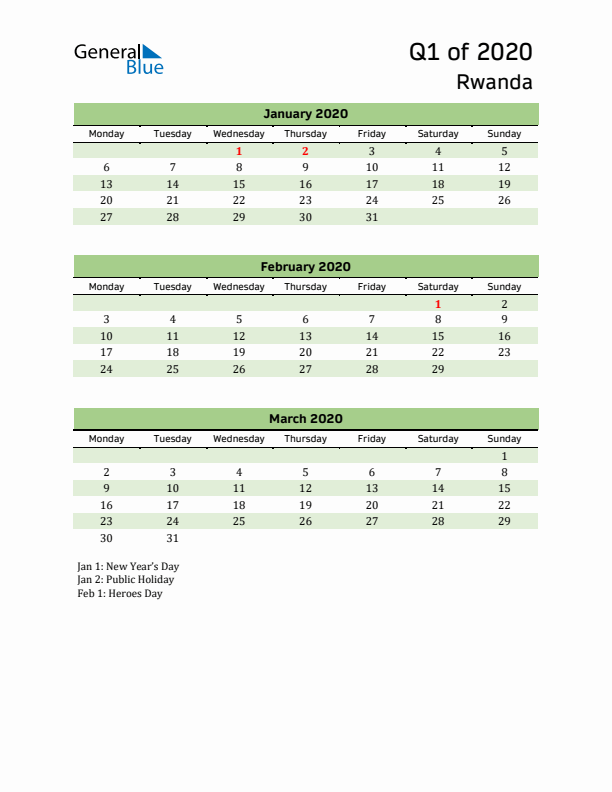 Quarterly Calendar 2020 with Rwanda Holidays