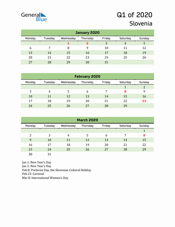 Quarterly Calendar 2020 with Slovenia Holidays