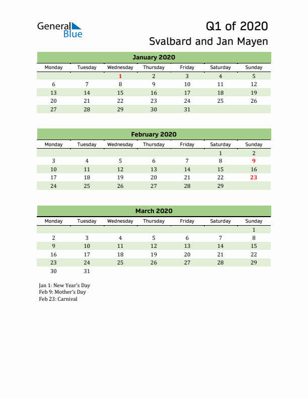 Quarterly Calendar 2020 with Svalbard and Jan Mayen Holidays