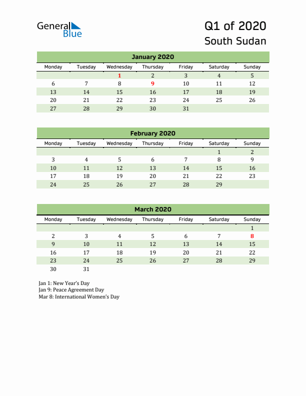 Quarterly Calendar 2020 with South Sudan Holidays