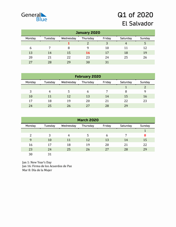 Quarterly Calendar 2020 with El Salvador Holidays