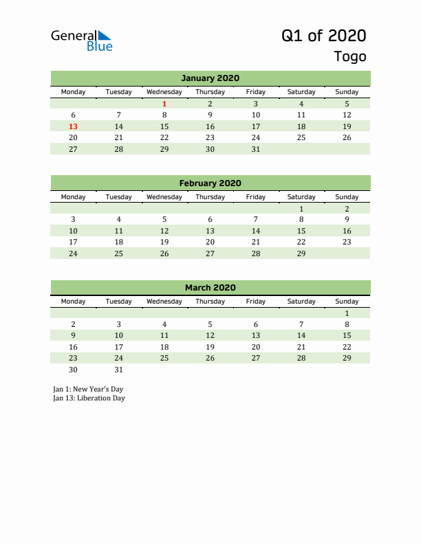 Quarterly Calendar 2020 with Togo Holidays