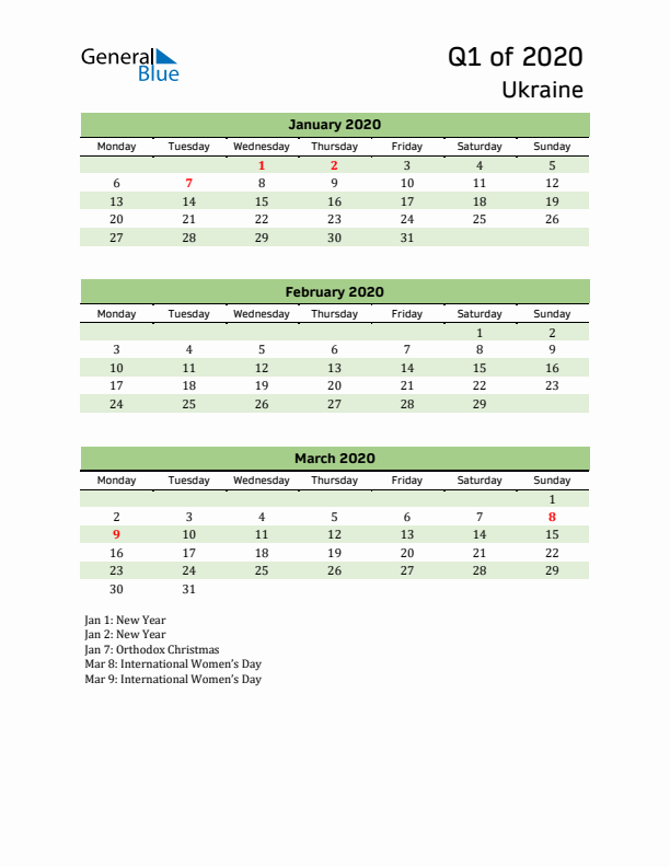 Quarterly Calendar 2020 with Ukraine Holidays