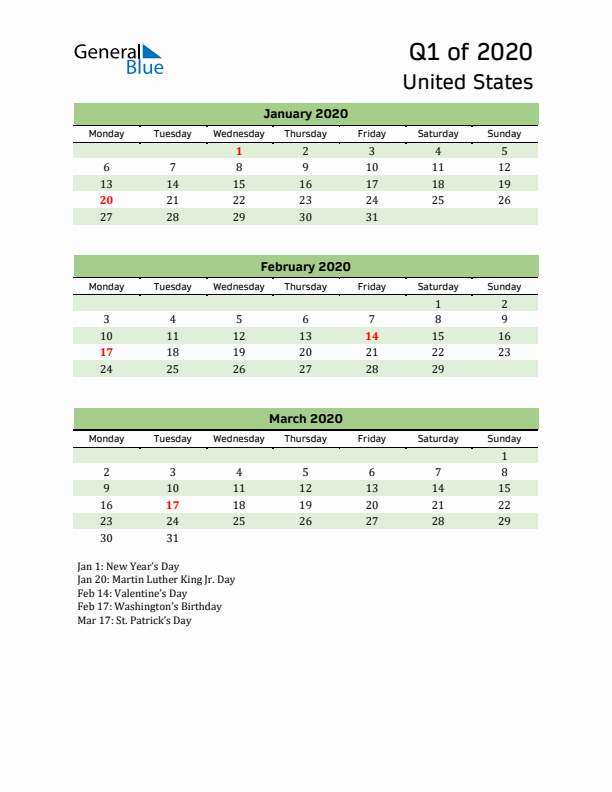 Quarterly Calendar 2020 with United States Holidays