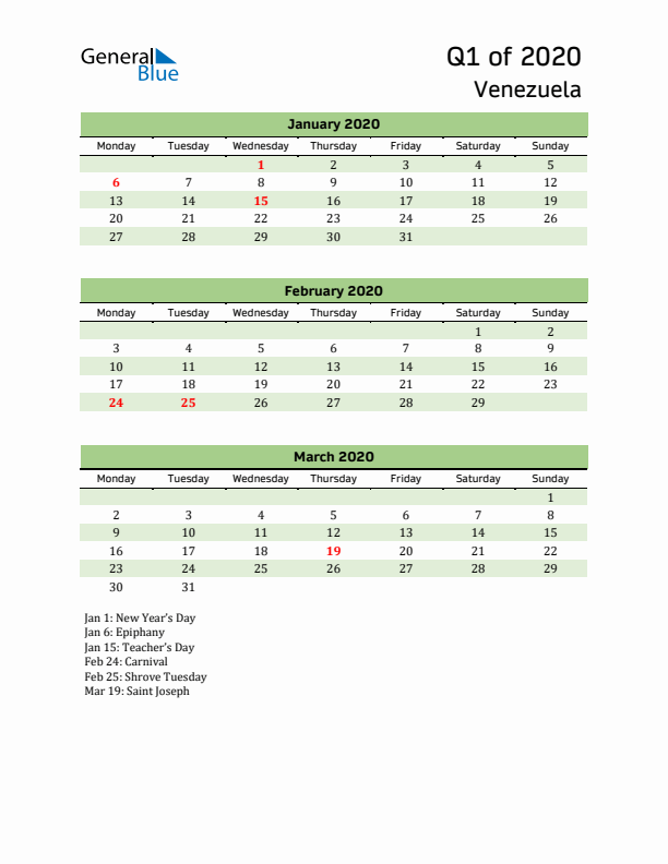 Quarterly Calendar 2020 with Venezuela Holidays