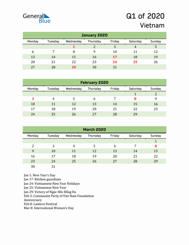 Quarterly Calendar 2020 with Vietnam Holidays